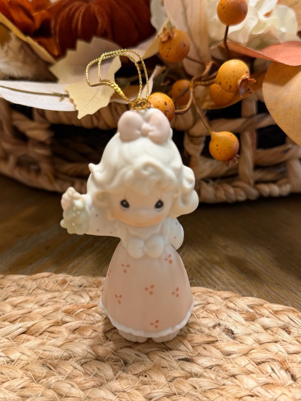 Precious Moments Porcelain Girl Ornament - Pink and Cream Bow Mistletoe